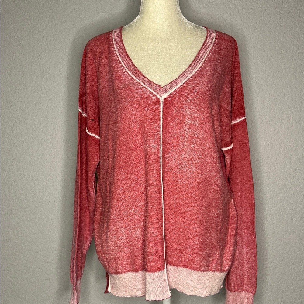 Sundance Salmon Pink Acid Wash Burnout Style V-Neck Knit Sweater Medium - Picture 4 of 12